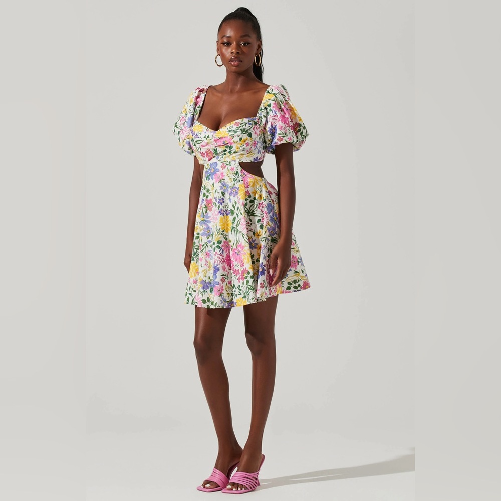 CLARITA FLORAL CUTOUT PUFF SLEEVE MINI DRESS